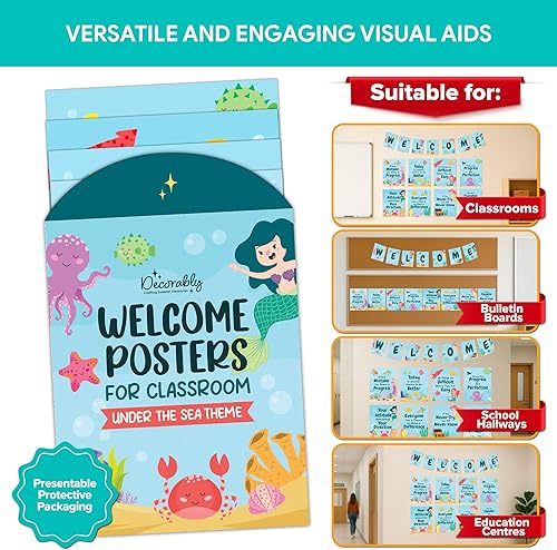 Miniatura 5 de Decorably 15 pósteres de bienvenida con temática oceánica para aula, laminado mate, letrero educativo de bienvenida para el aula, pasillos