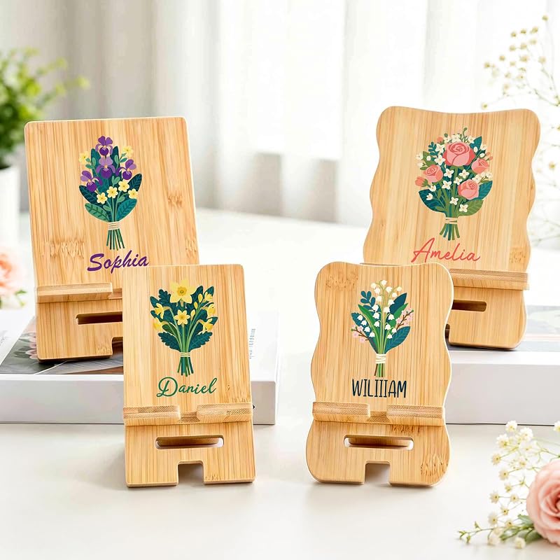 Soporte de teléfono de escritorio personalizado para un amigo | Nombre personalizado Flor de nacimiento Decoración de escritorio de madera de bambú | 2 formas y 2 opciones de tamaño | Regalos de cumpleaños en la oficina para compañeros de trabajo