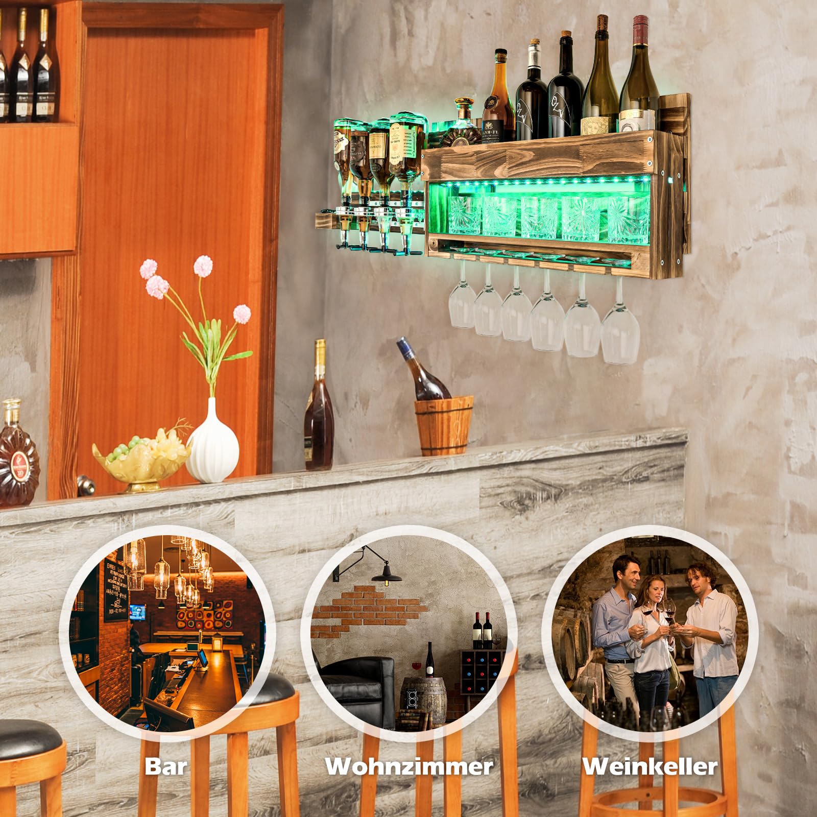 Yorbay Porte-Bouteille Mural Casier à Vin en Bois Bar Mural avec 4 Distributeurs de Boissons Porte-Verre à Pied pour Cuisine Restaurant Cave à Vin Bar-Home (avec LED)
