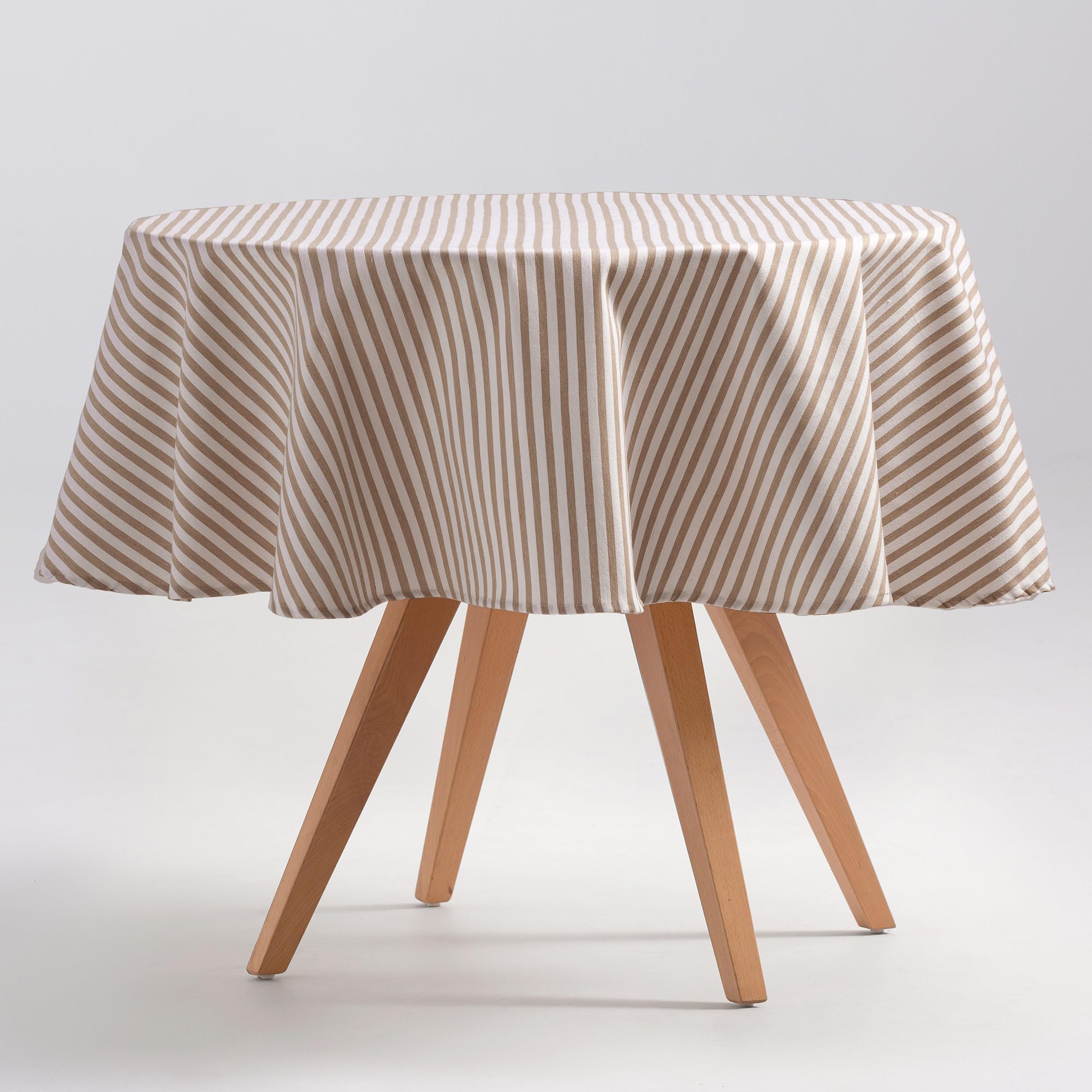 GAMUSI Stain Resistant Tablecloth Round Cotton Fabric Waterproof Taupe Stripes, 155 x 155 cm โ image 1