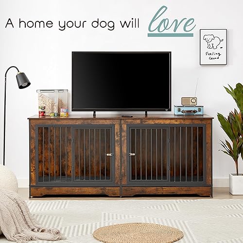 Miniatura 7 de Mueble grande de 75 pulgadas para perros grandes o 2 perros medianos, jaula de madera para perros con bandeja extraíble y divisor extraíble, soporte