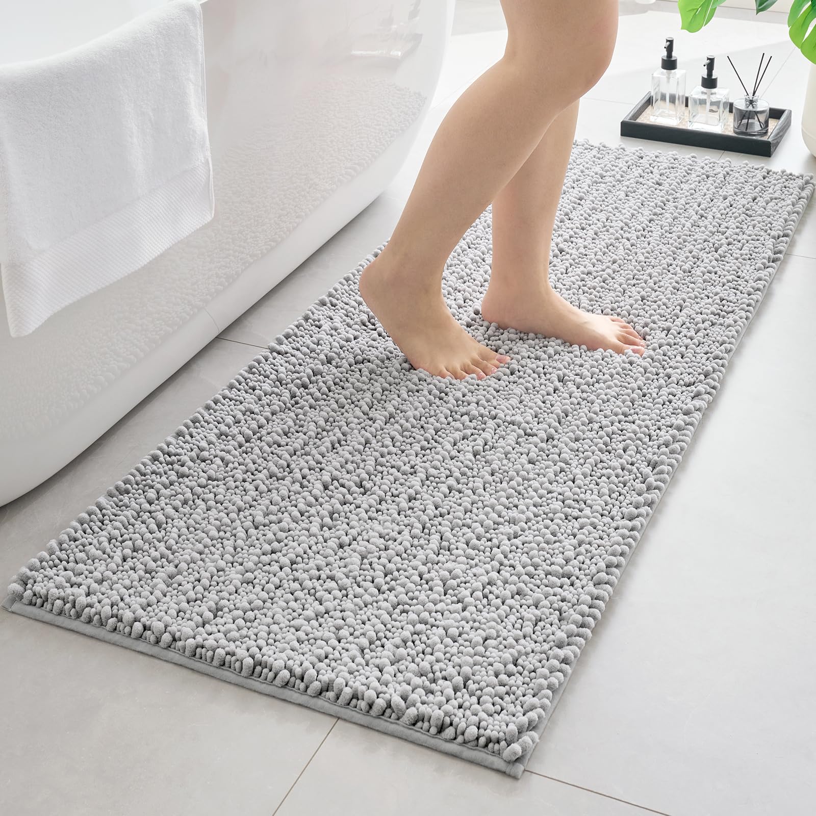 Chenille Bathroom Rugs 44x24 Absorbent Soft Non Slip, Silver
