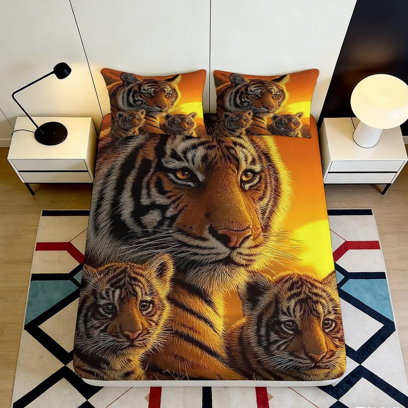3D Printed Tiger Family Fitted Sheet Microfiber Soft Orange Wildlife Bed Cover for Bedroom Guest Room Decor 90x200x25cm