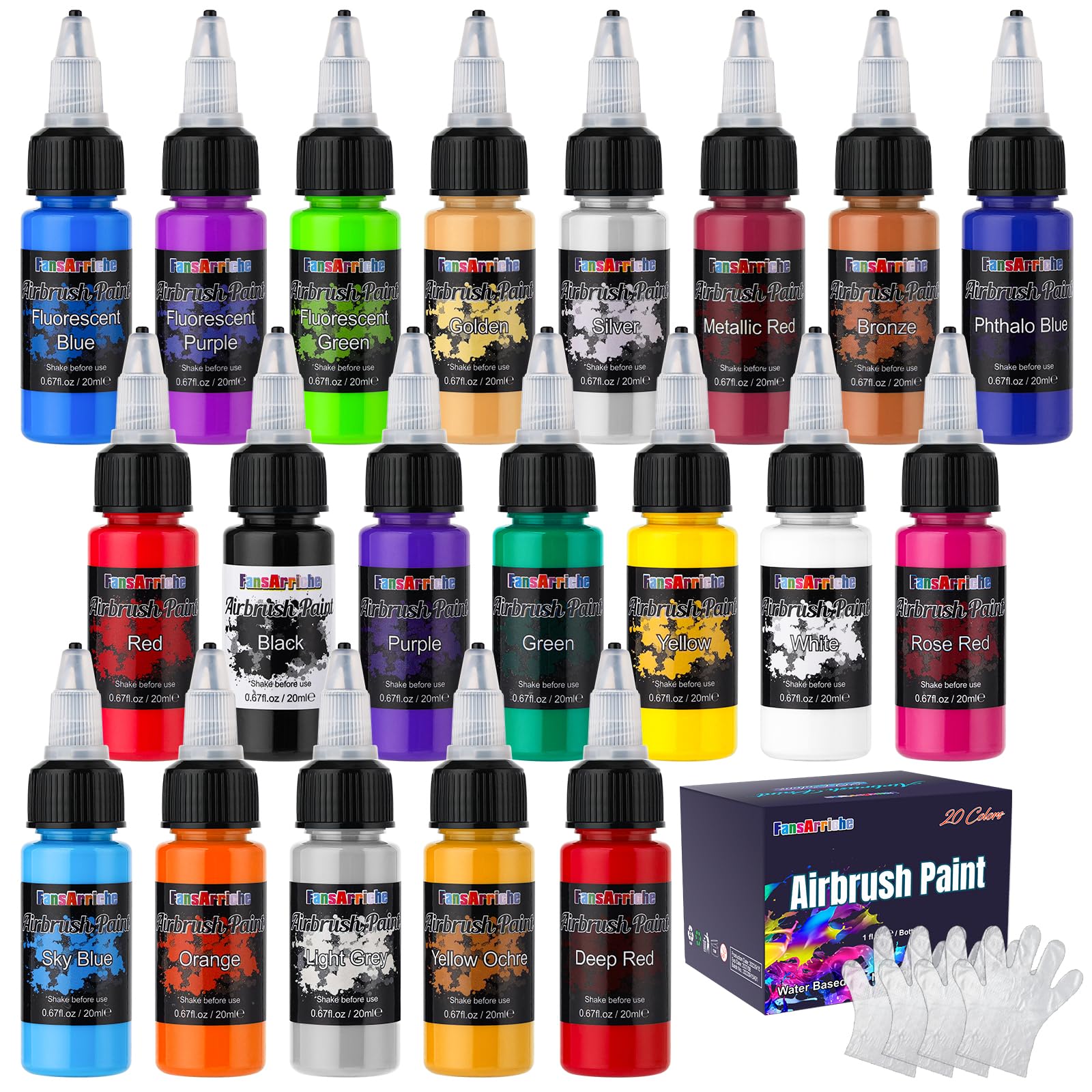 FansArriche Pintura para Aerógrafo, 20 Colores × 20ml Pinturas Acrilicas, a Base de Agua Pintura Aerógrafo para Textil, Madera, Piedra, plastico