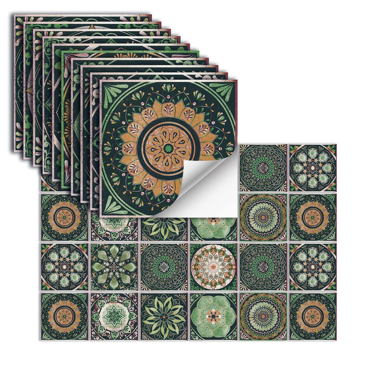 24 PCS Peel and Stick Backsplash Tile, Mandala Art Glossy Wall Stickers Tiles, Waterproof Oil Proof Removable Decals, for Bathroom & Kitchen Backsplash (6x6 inch, Geometric Shapes Pattern, Green)