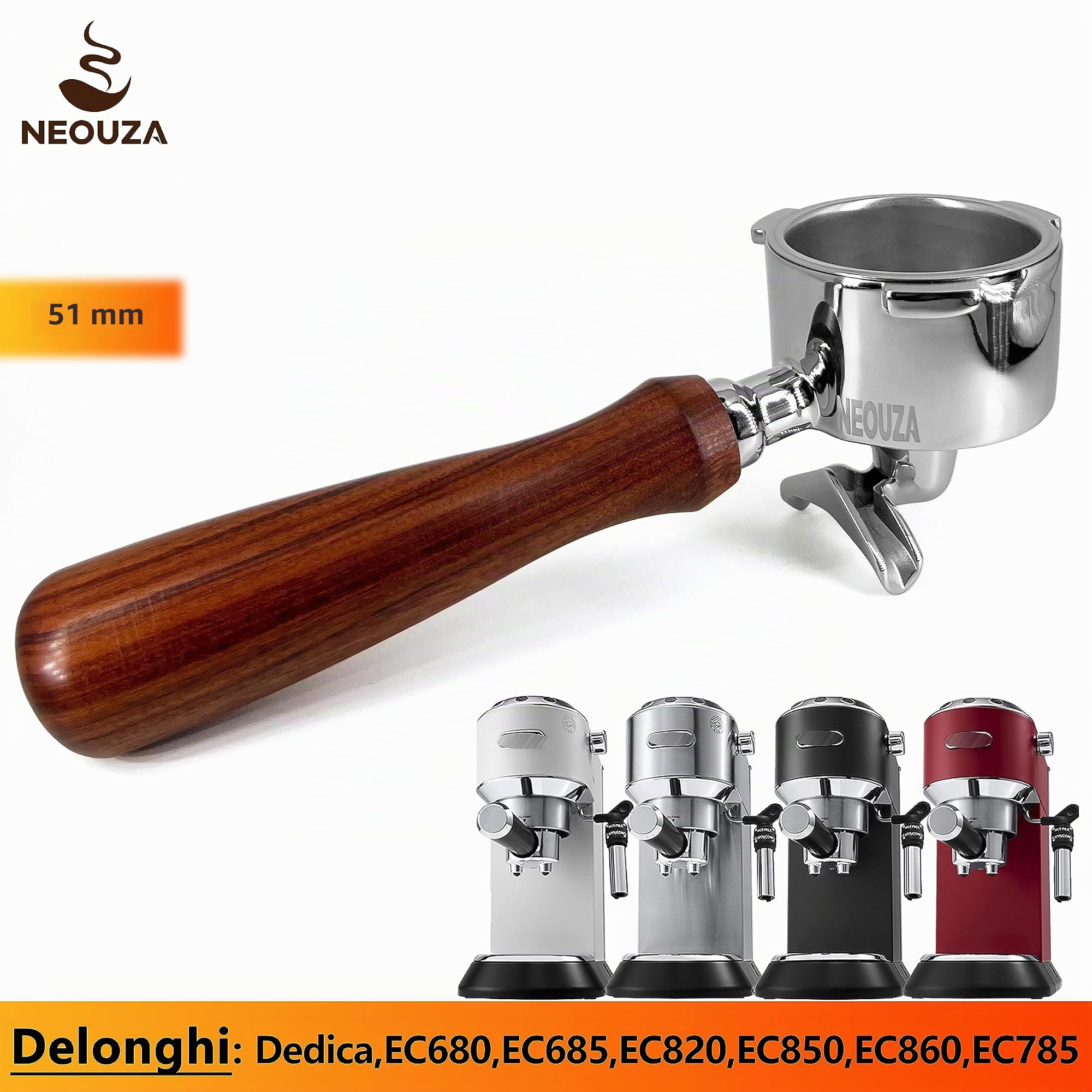 NEOUZA Portafiltro per espresso da 51 mm, compatibile con macchina da caffè DeLonghi Dedica EC680 EC685 ECF01, cestello non pressurizzato, doppio beccuccio (3 orecchie)