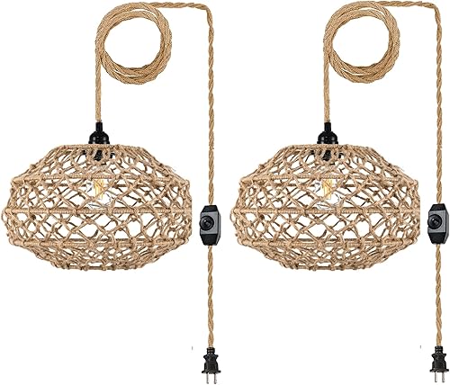 XININSUN Lámpara colgante enchufable lámpara colgante de macramé con cable de enchufe e interruptor de atenuación pantalla de cuerda de cáñamo