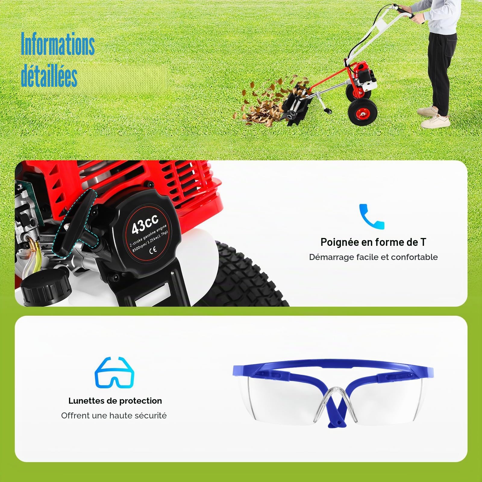 43CC Balayeuse à essence, 1,7 HP, manuelle, avec roues, largeur de brosse de 60 cm, 2 temps, pour jardin, herbe extérieure, routes