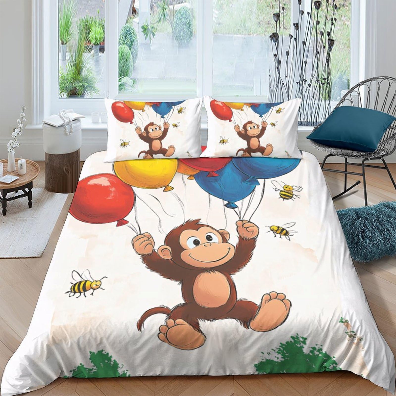 Ctjqhvkz Style-2 3D Printed Cartoon Monkey Fitted Sheet Microfiber Colourful Balloon Bed Cover For Bedroom Dorm Mattress Protection Decor Single（135X200cm）