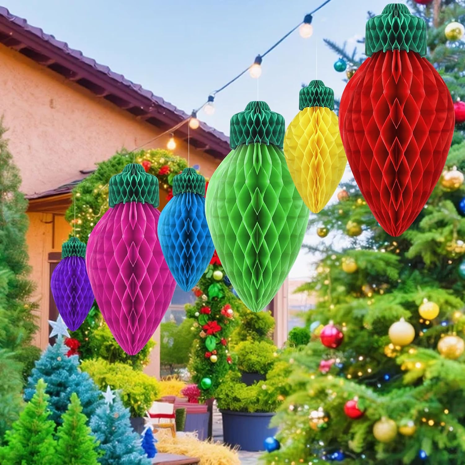12 Pcs 20" and 12" Bright Jumbo Christmas Lights Honeycomb Hanging Decoration Large 3D Light Bulb Xmas Assorted Colors Honeycomb Light for Christmas Tree Mantel Ceiling Classroom Ornament