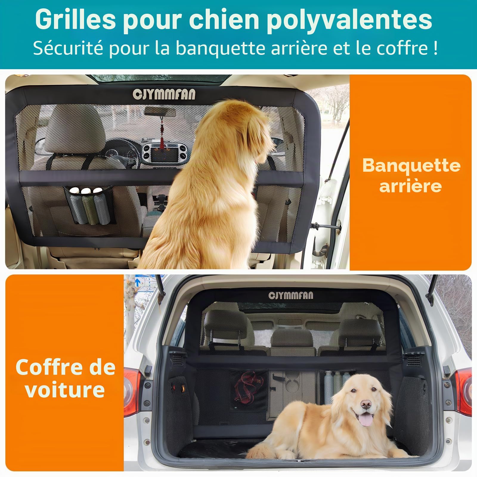 Barrière pour chiens pour voiture siège arrière et coffre avec une couverture plus large, ajustement universel pour voiture et SUV, barrière de séparation pour chiens avec filet transparent