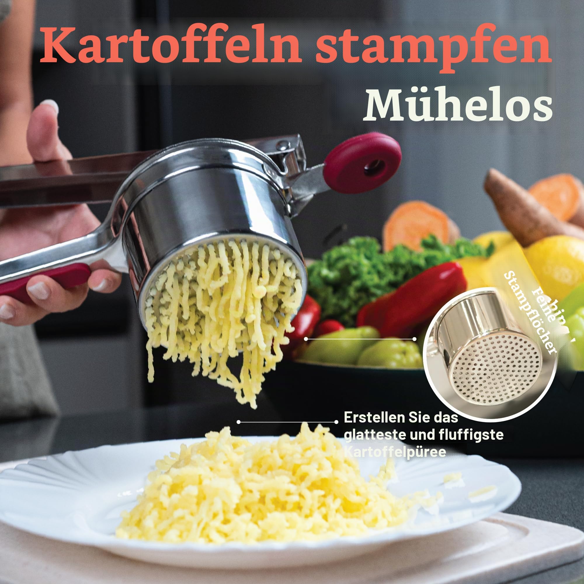 PriorityChef Große Kartoffelpresse mit 3 Scheiben, robuste Edelstahl-Kartoffelpresse für Kartoffelpüree, Kartoffelstampfer, Presse und Presse, Küchenwerkzeug, Rot