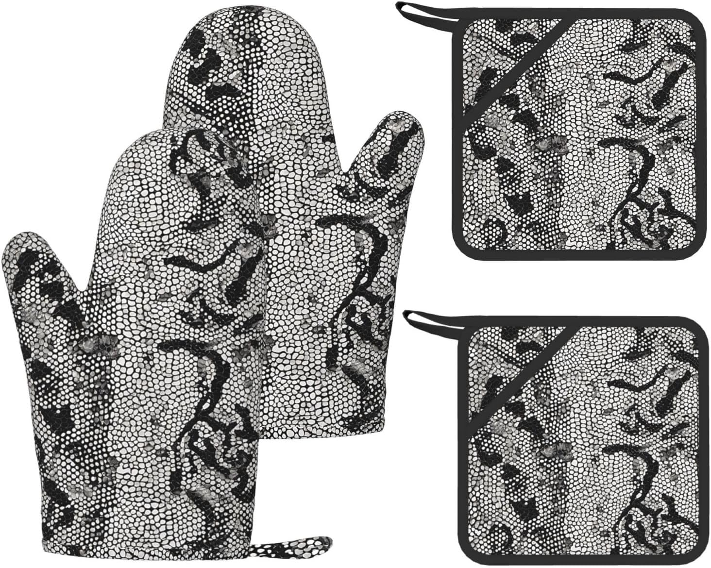 Black White Snake Skin 4pcs Oven Mitts and Pot Holders Sets for Kitchen, Silicone Oven Gloves Non-Slip Potholders Hot Pads for Baking Cooking