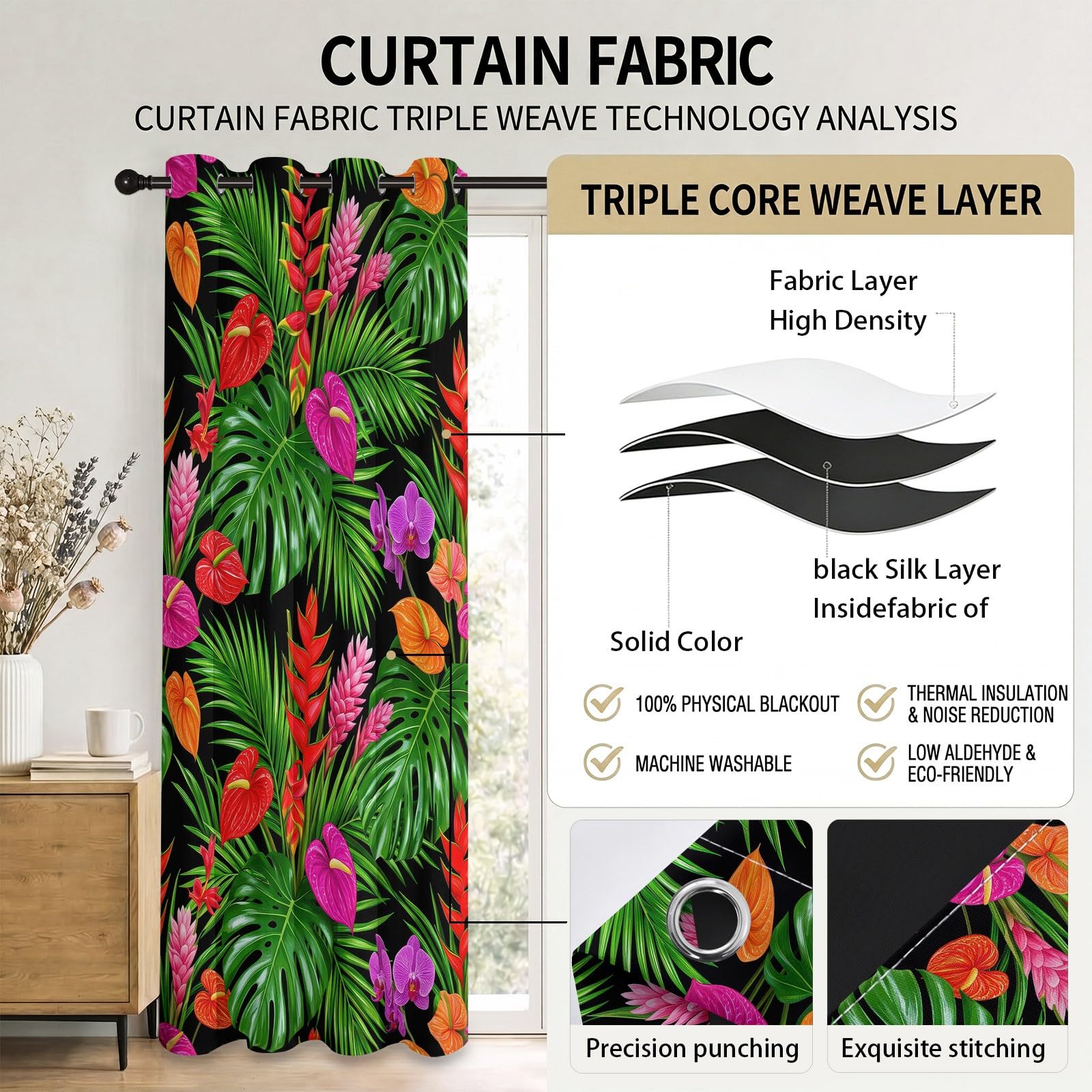 Grün Natürlich Tropischer Stil Vorhänge, Pflanzen Monstera Blumen Anthurien Orchideen Wärmeisolierte Raumverdunkelnde Vorhänge, Energieeffiziente Vorhang für Wohnzimmer Schlafzimmer, H245 x B100 cm