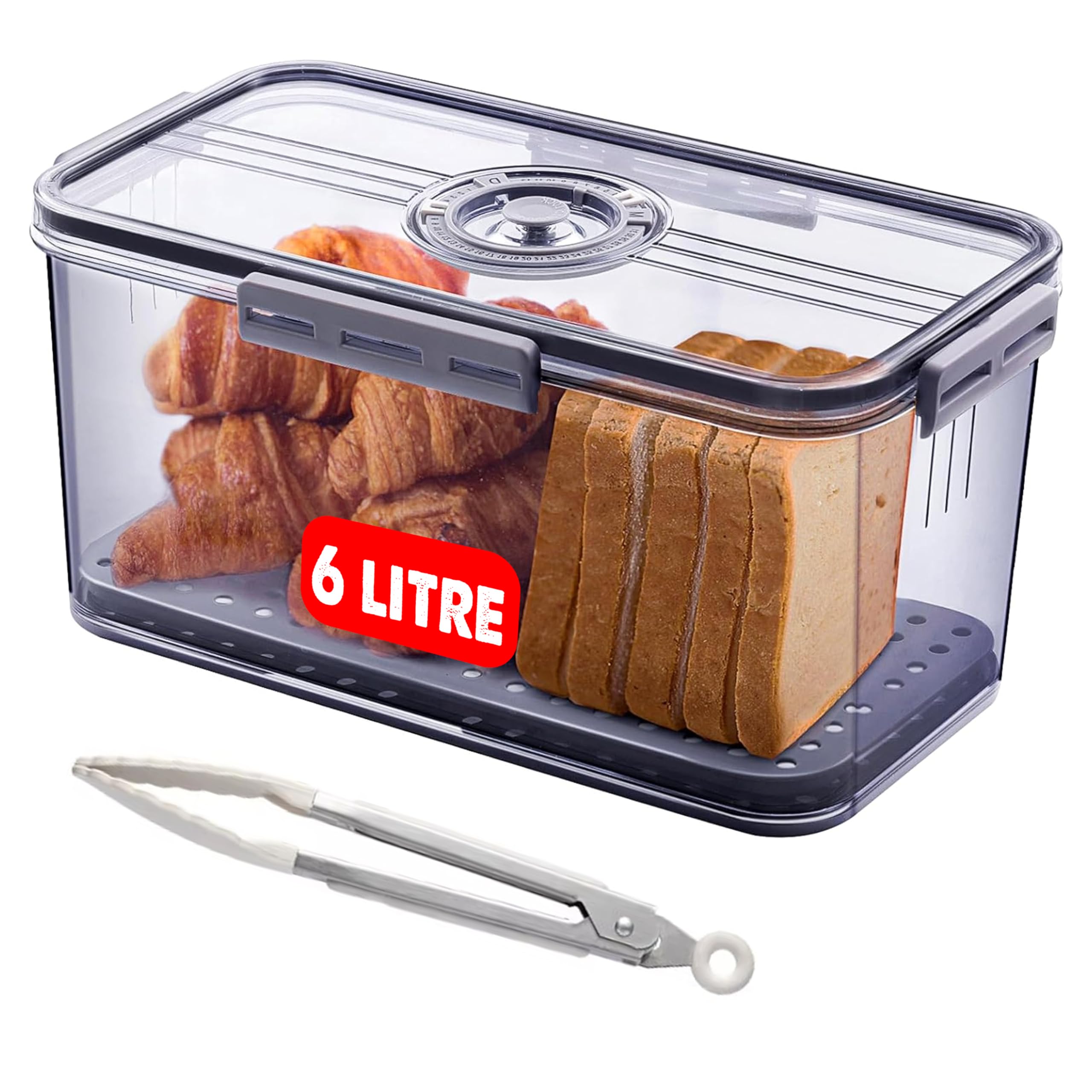 Miaxonix Gray Bread Bin Airtight Bread Box For Kitchen Counter, Time Recording With Lid And Tong, Bread Storage Container For Homemade Bread, Toast, Bagel, Donut And Cookies
