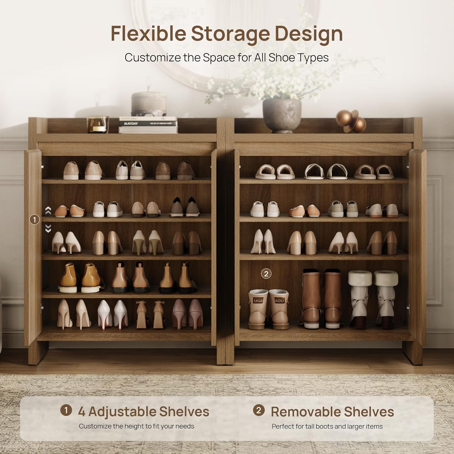 Sicotas Shoe Cabinet - Fluted Shoe Storage Cabinet with Thickened Panels for Entryway, 24-Pair Shoes Organizer with Doors & Adjustable Shelves, 6-Tier Shoe Rack Storage Cabinet for Hallway Living Room