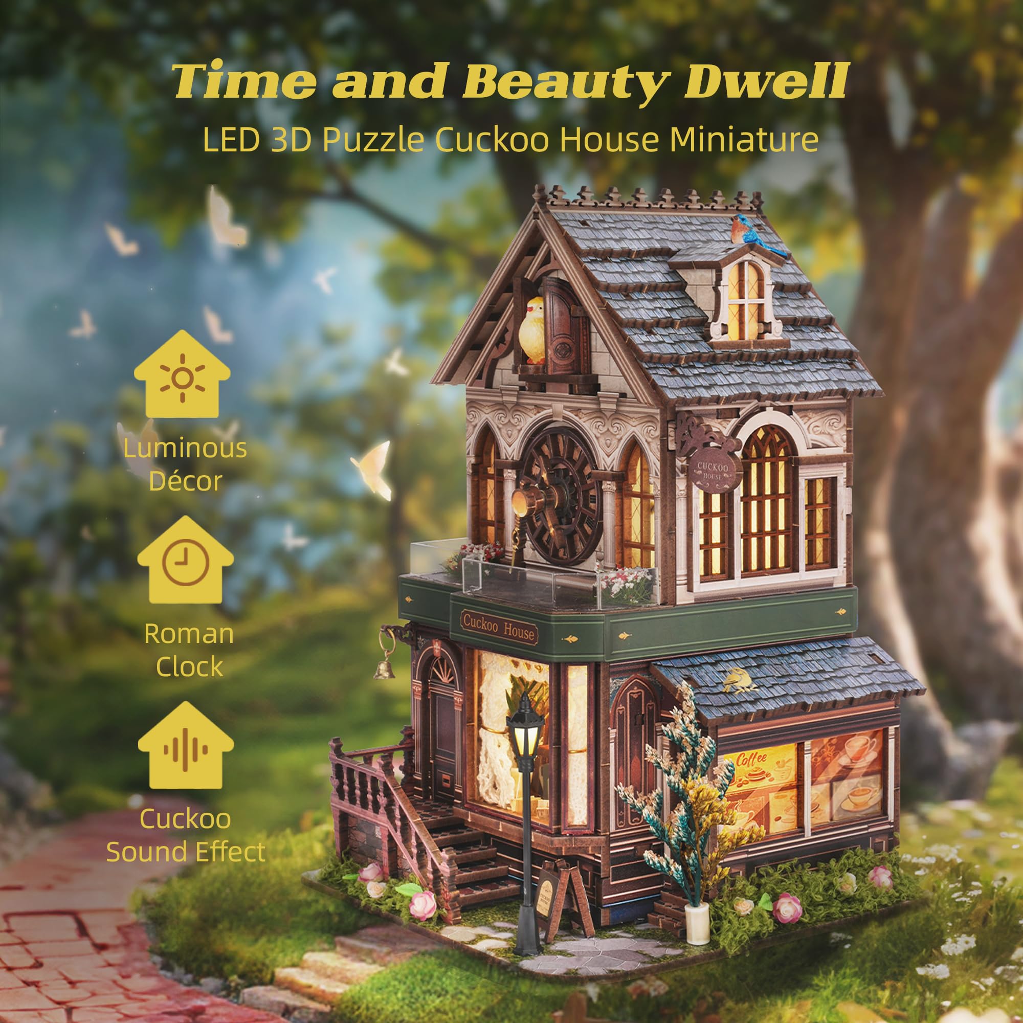 FUNPOLA Puzzle 3D en Bois Maison Miniature avec Son de Coucou, Kit Modèle Mécanique DIY Horloge à Coucou, Décoration Maison, Cadeau Créatif pour Adultes et Adolescents (Maison Coucou)