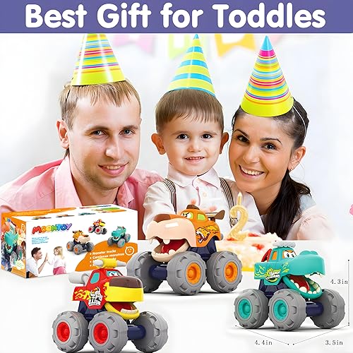 Miniatura 6 de MOONTOY Coches de juguete para niños de 1 2 3 años paquete de 3 autos de juguete con tracción de atrás camión toro camión leopardo camiones de