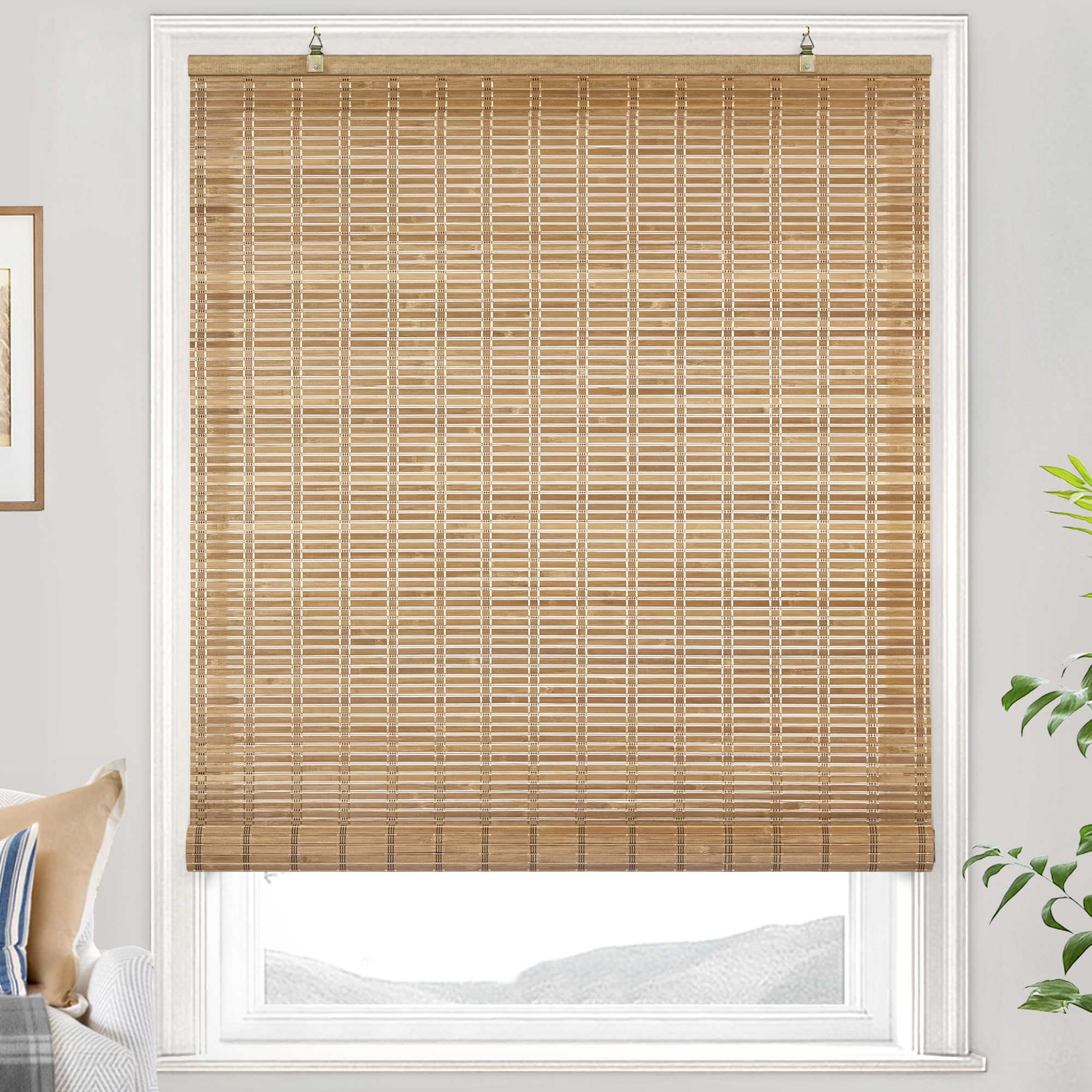 LazBlinds Cordless Bamboo Blinds, Bamboo Roll Up Shades for Windows, Light Filtering Hanging Window Blinds, Shades for Patio Indoor/Outdoor Porch, 23" W x 64" H, Brown206