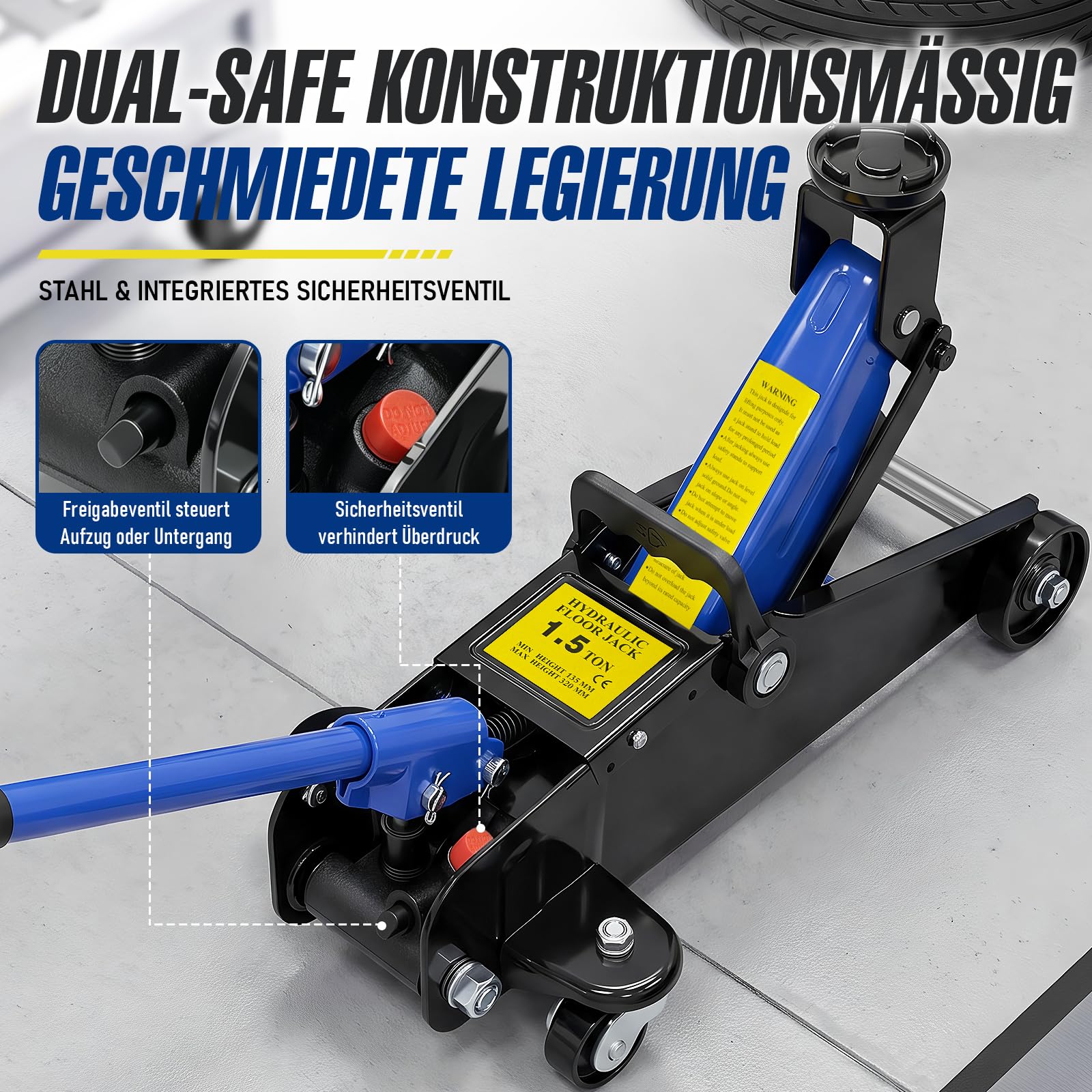 HYCHIKA Hydraulischer Wagenheber 1.5t, Wagenheber Hydraulisch, Rangierwagenheber, Hydraulikheber für Auto, 135-320 mm Lifting Range for Saloon, SUV, Tyre Change Replacement