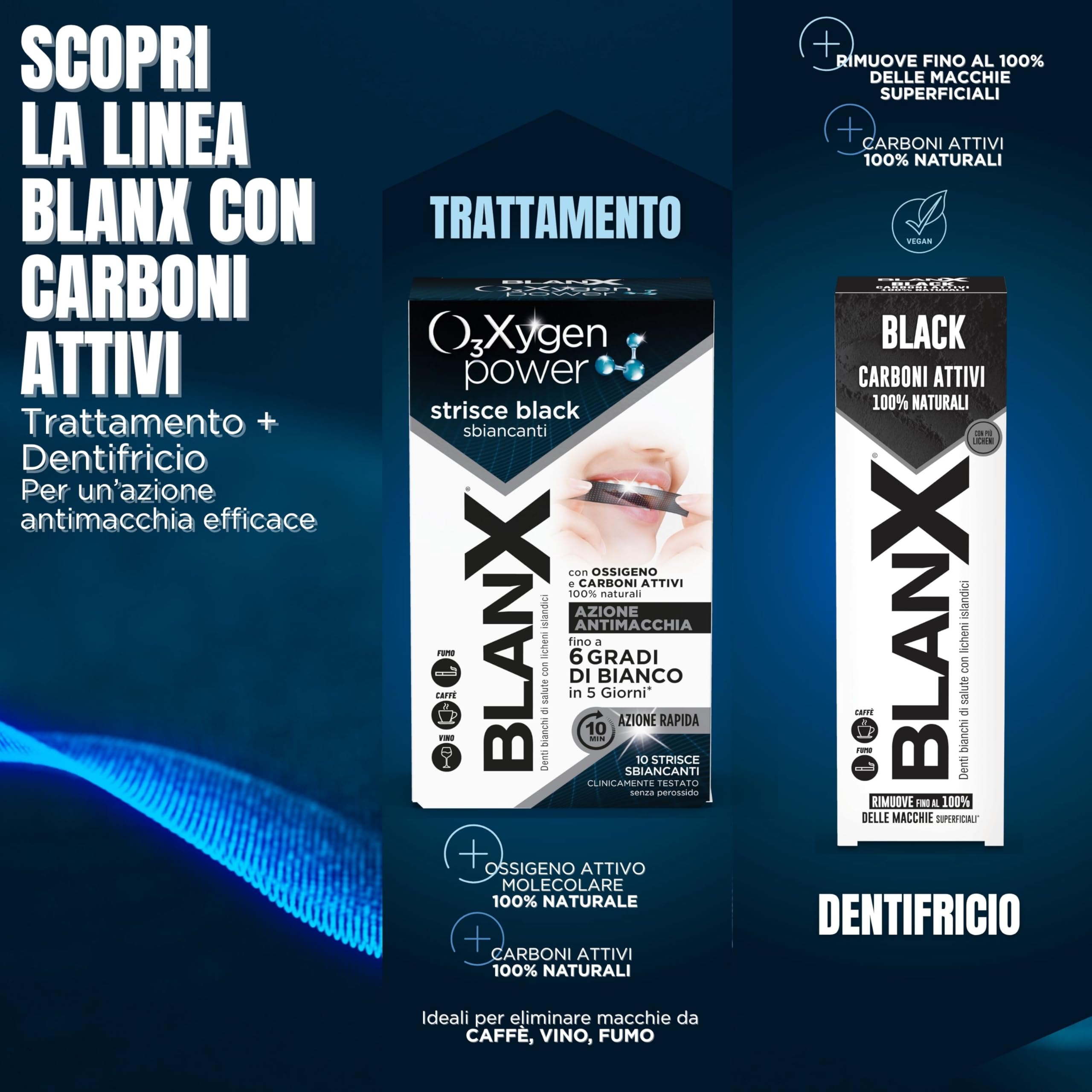BlanX, Dentifricio Black, Dentifricio Sbiancante e Antimacchia, Con Carboni Attivi e Licheni Islandici 100% Naturali, Rimuove Macchie da Caffè Fumo e Tè, Vegan Friendly, 12x75ml