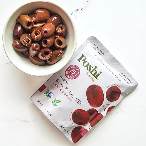 Vista 12 de Poshi Olives + Veggies Variedad de aceitunas enteras sin hueso de 4 sabores Poshi 4 sabores Vegano, Kosher, sin gluten + Snacks saludables