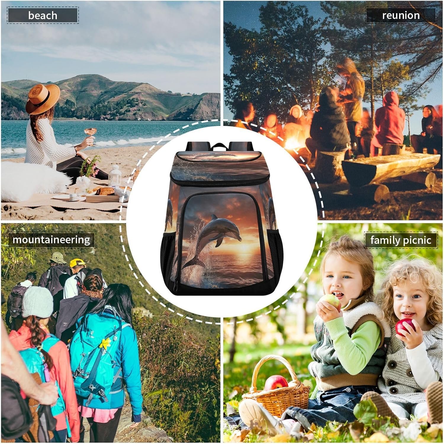 Diving Dolphin Sunset Cooler Backpack 36 Cans Leakproof Waterproof Backpack Cooler Bag Beach Accessories Travel Camping Fishing Backpack for Women Men