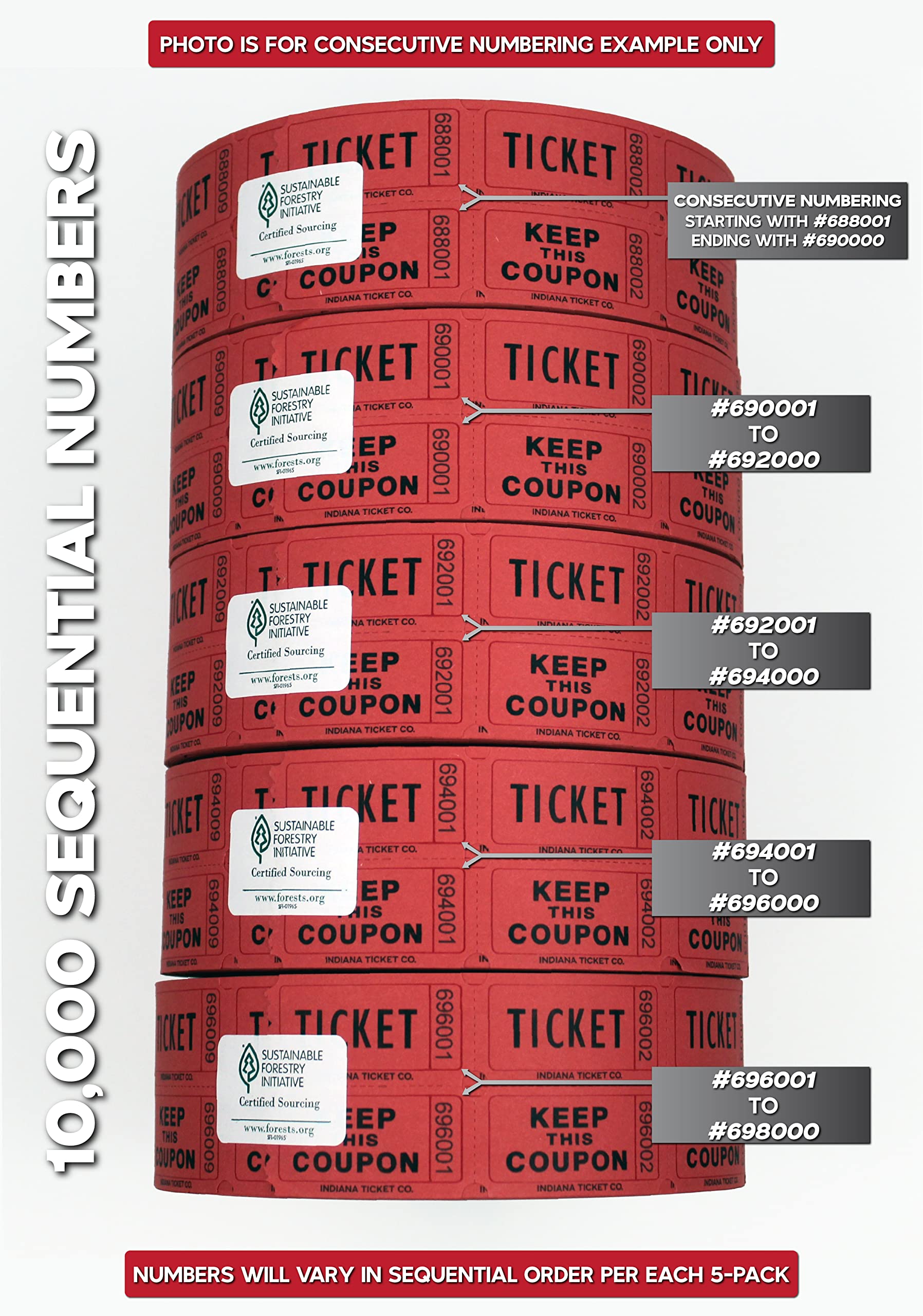 INDIANA TICKET CO., Rollo de 10000 tiques de rifa numerados de forma consecutiva, Rojo 5 rollos de 2000 tiques para premios de clase, eventos, recaudación de fondos, entradas, rifas, premios, tiques