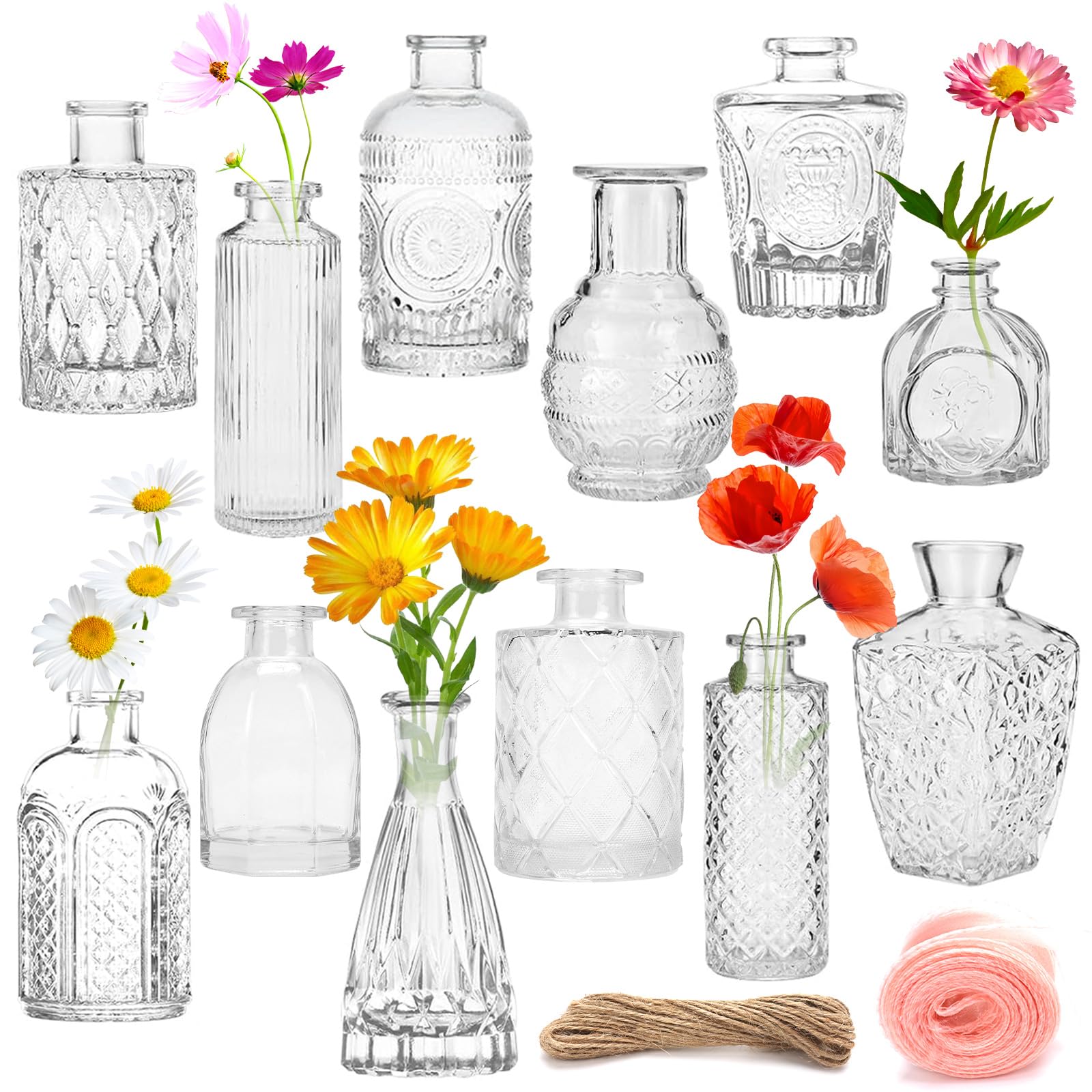 ZOLGINAH Jarrones Decorativos,12 PCS Varios Tamaños Único y Sencillo Jarrones para Flores con Cuerda de Yute e Hilo de Cola de Pez para Decoración de Mesa,Centros de Mesa, Decoración de Boda