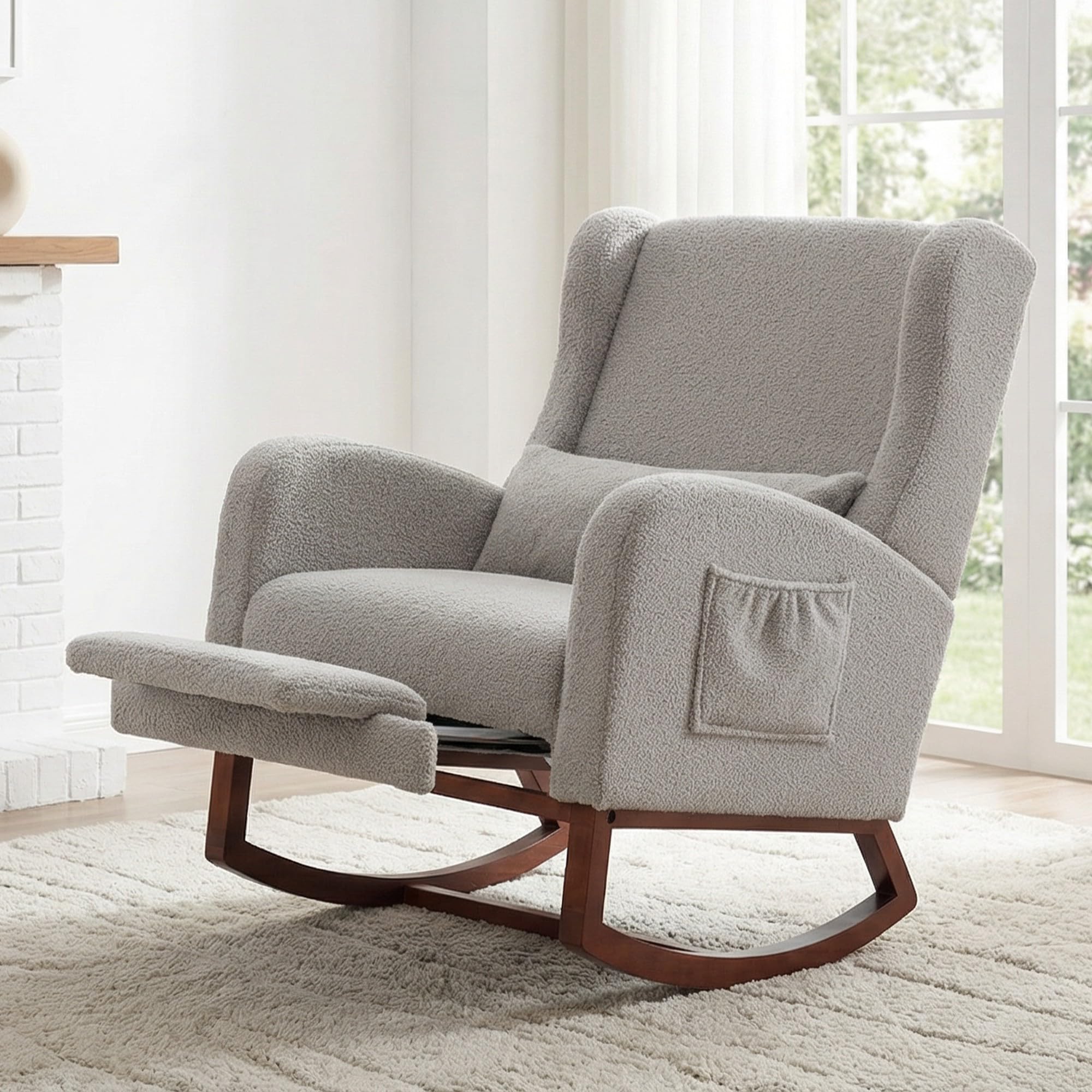 YUUIJOAA Rocking Chair Nursery with Footrest,Teddy Upholstered Glider Chair,Rocker Nursery Chair with Side Pocket, Glider Rocker, Accent Reading Chair for Living Room, Light Grey