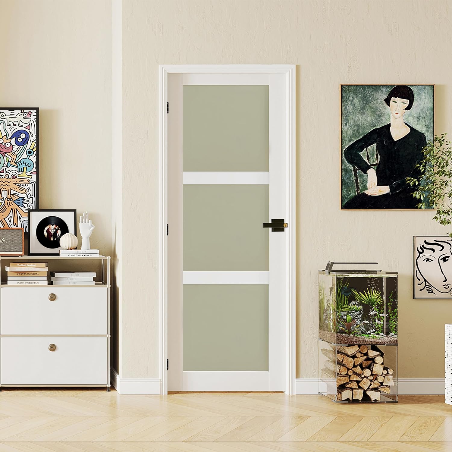 Prehung Door, 3-Lite Frosted Glass Pantry Door Slab with Door Jamb Hardware Kit & Black Door Lever, 30" x 80" Interior Door for Closet Bedroom Laundry, Easy Assemble - Left-Handed with Hinges
