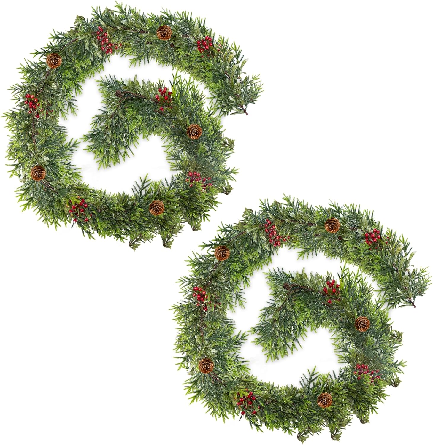 2-Pack 6ft Christmas Garland with Olive Leaves, Pinecones & Warm LED Lights