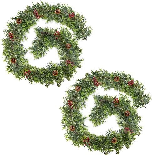 2Pack 6FT Christmas Garland – Artificial Norfolk Pine Olive Garland with Red Ber
