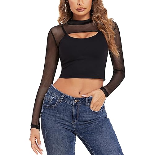 Avidlove Mesh Crop Tops for Women Mock Neck Long Sleeve Crop Top See Through Shirt Top Sexy Clubwear