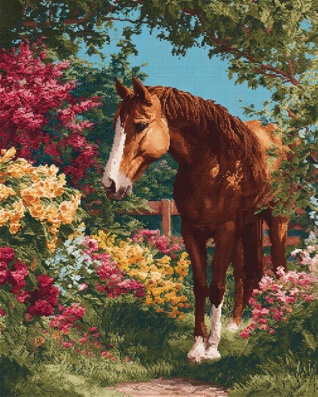 RKFLGEW DIY Seed Bead Embroidery Kits Horses and Flowers 50x70cm
