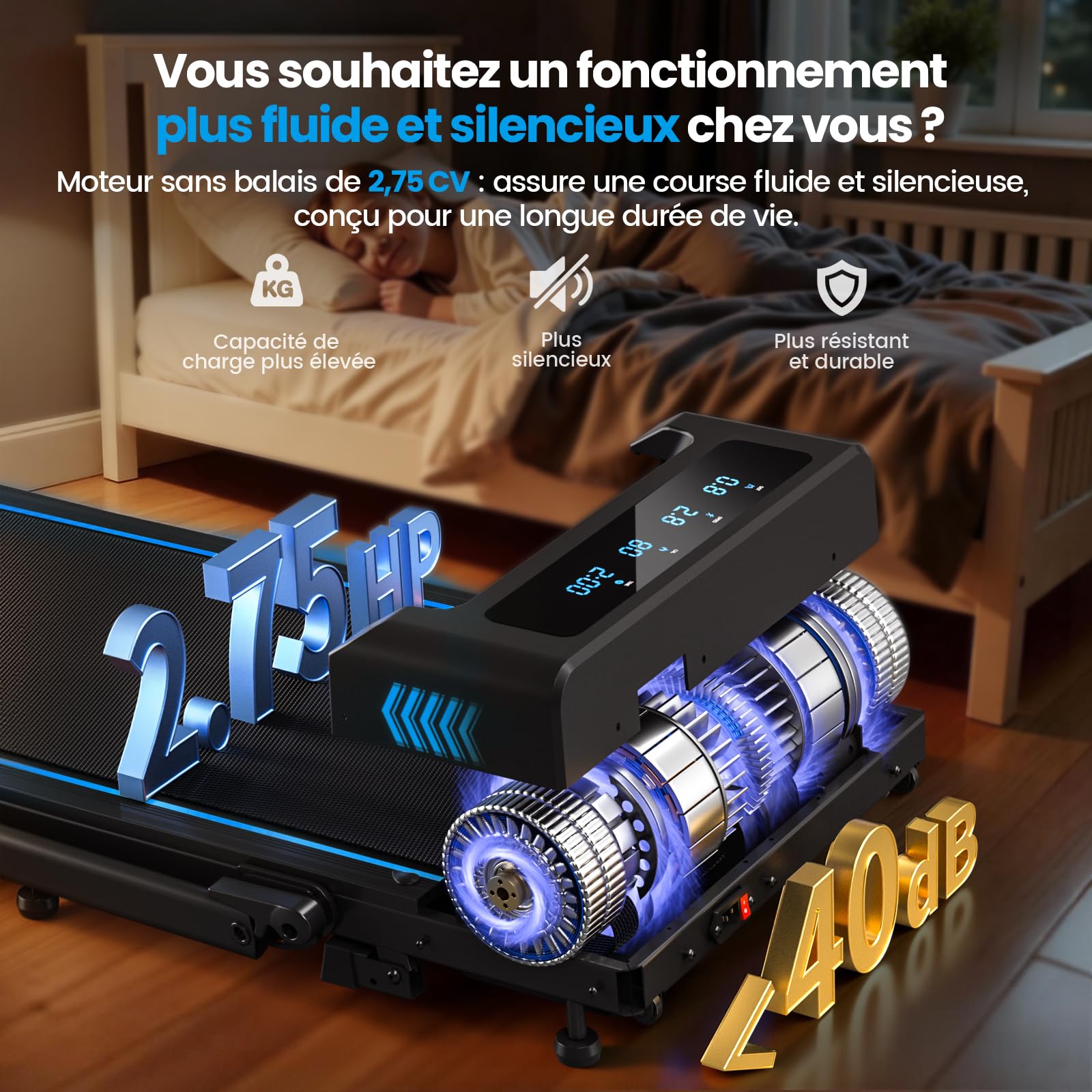 Tapis de Course, FOUSAE 12 Programmes HIIT Prédéfinis, 10% Tapis de Marche Inclinable, 12 KM/H, Moteur Haute Performance 2,75CV Silencieux, APP & Télécommande, Charge 158kg Fitness Intérieur