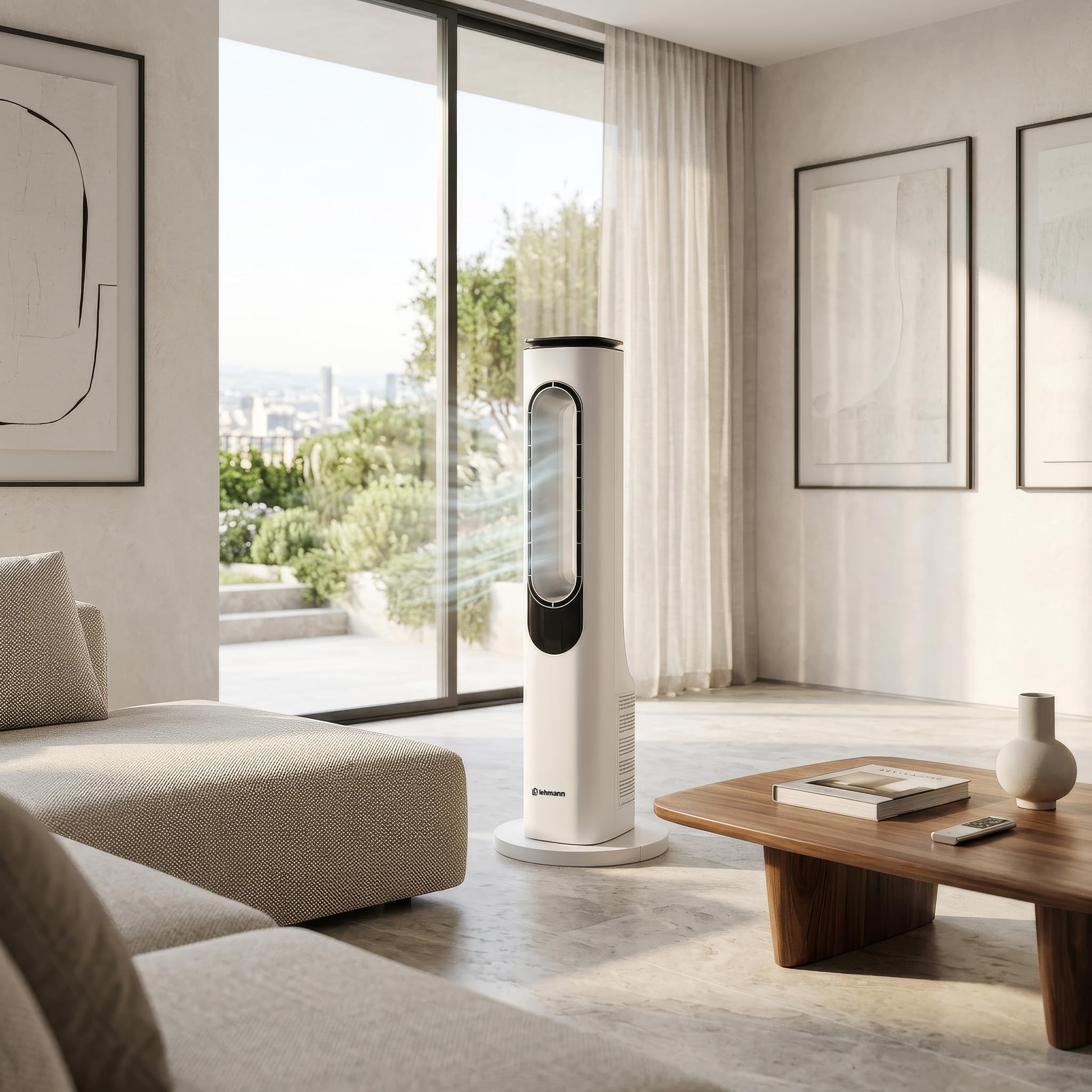 LEHMANN Ventilatore a Torre senza Pale, Ventilatore a Colonna Silenzioso con Modalità Notte, Telecomando, Schermo LED, Timer 1-15 h, 3 Velocità, 3 Modalità, 3 Colori di Illuminazione, Oscillazione