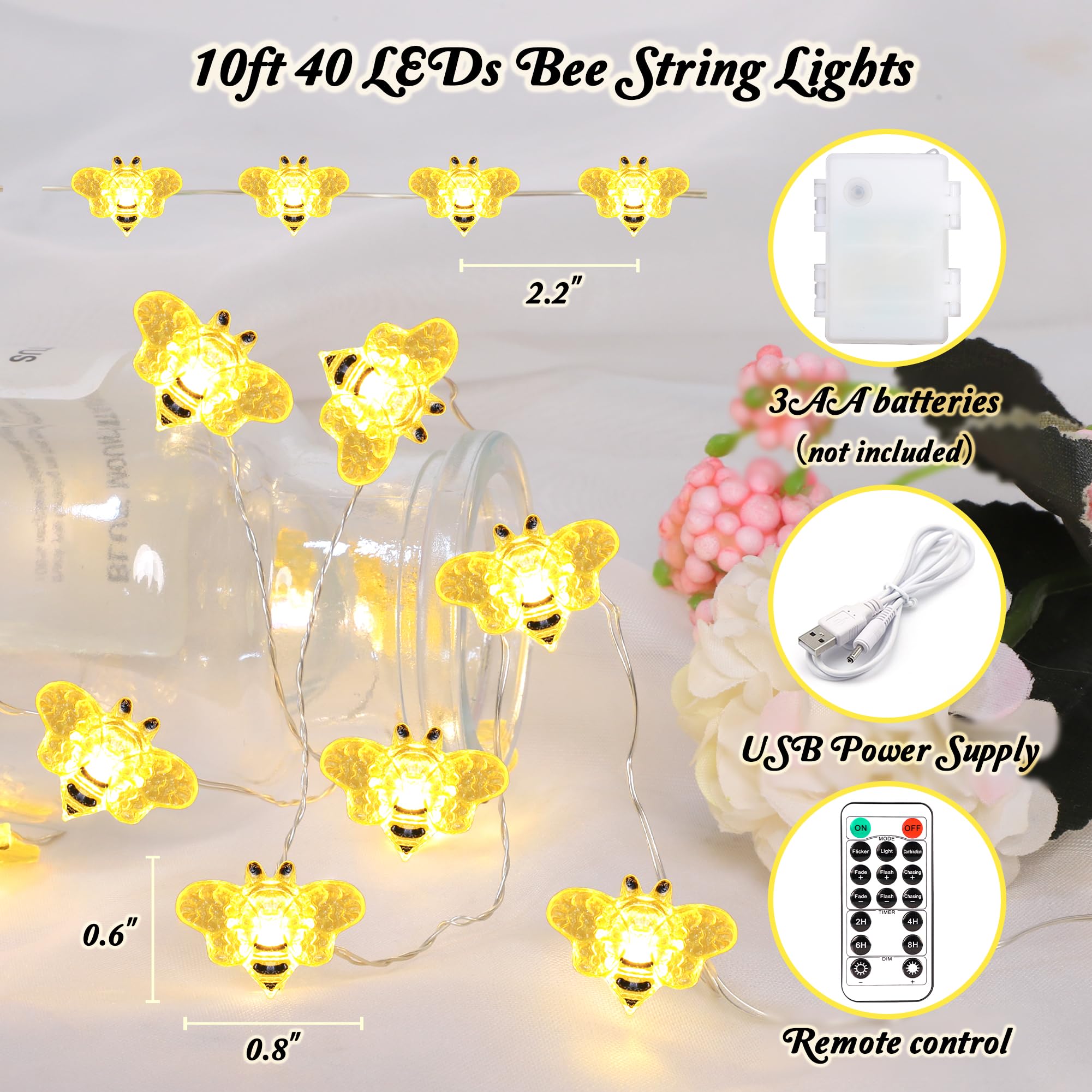 Impress Life Guirnalda de luces de hadas de abeja de miel, 10 pies, 40 LED, funciona con USB y pilas, 8 modos con control remoto para boda, fiesta, festival, decoración interior y exterior