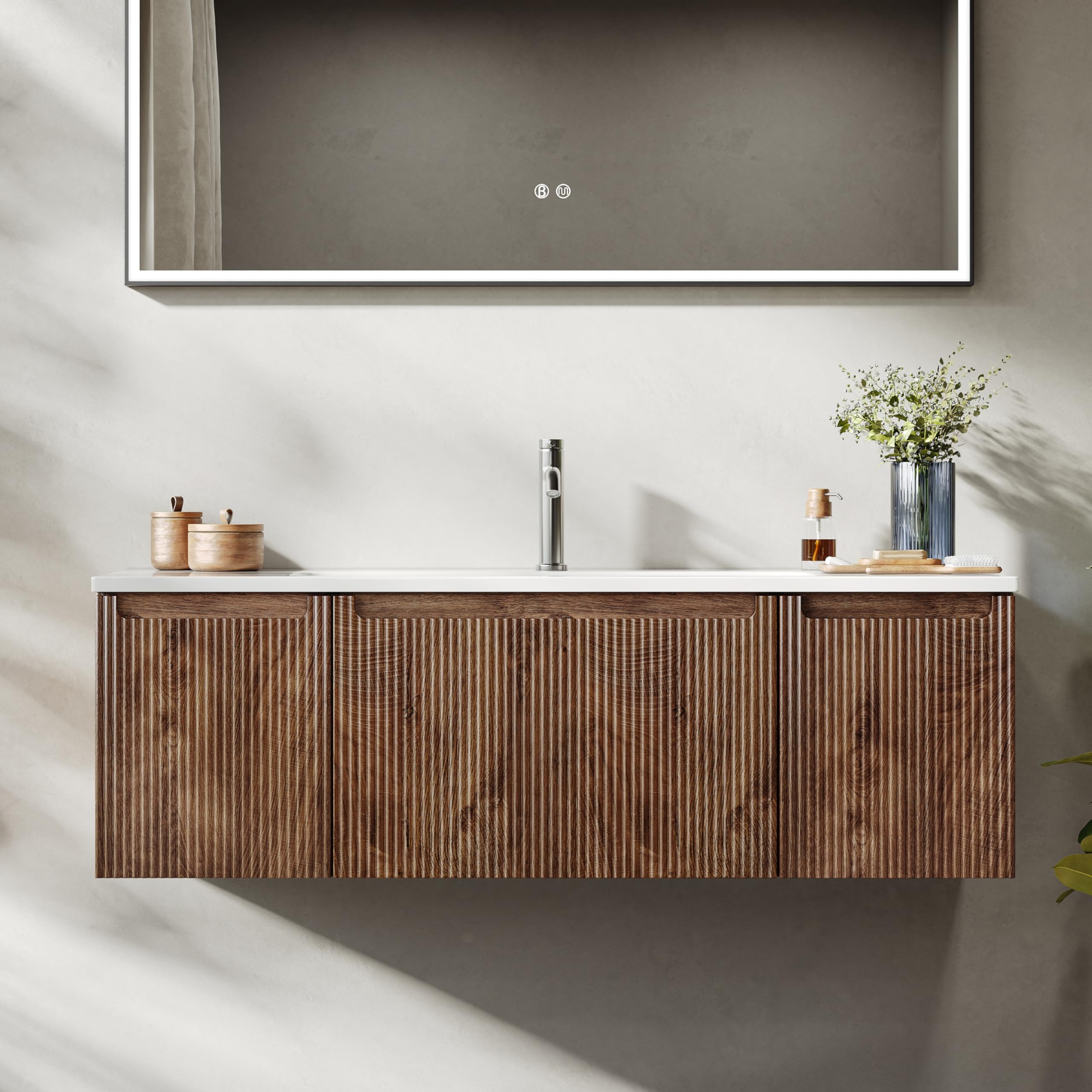 Meuble-Lavabo Mural De 120 cm avec Lavabo en Résine Minérale, Tiroir Et Porte, Ultra-Mince, Fermeture en Douceur, Accent Nervuré, Adapté Aux Grandes Salles De Bains, Forest Walnut