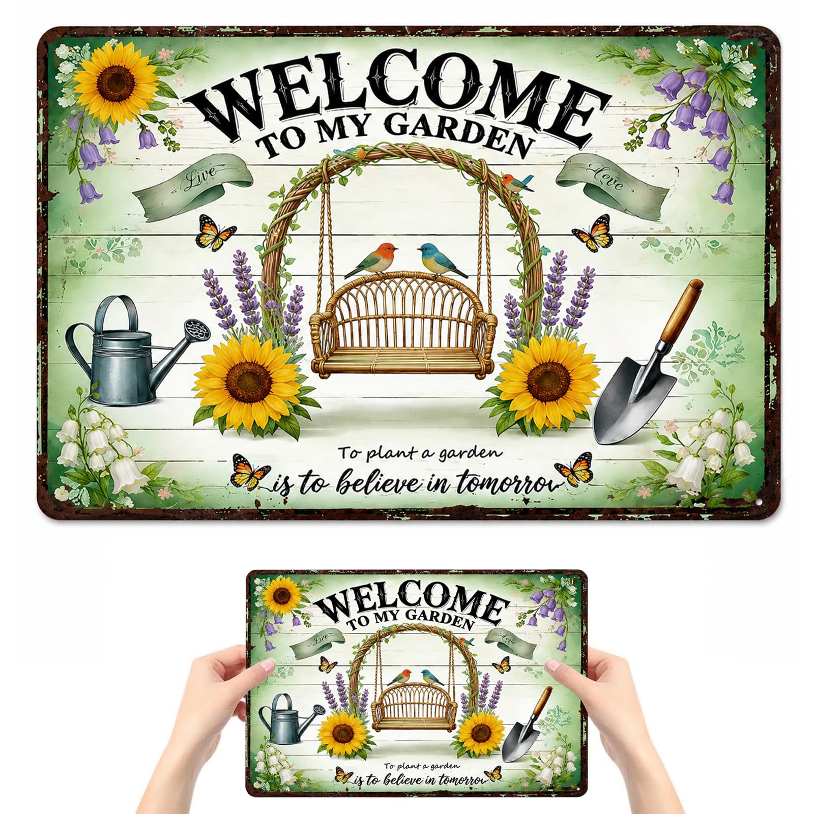 GMBANK Vintage Wooden Garden Sign, Wood Art Hanging Plaque with Sunflower