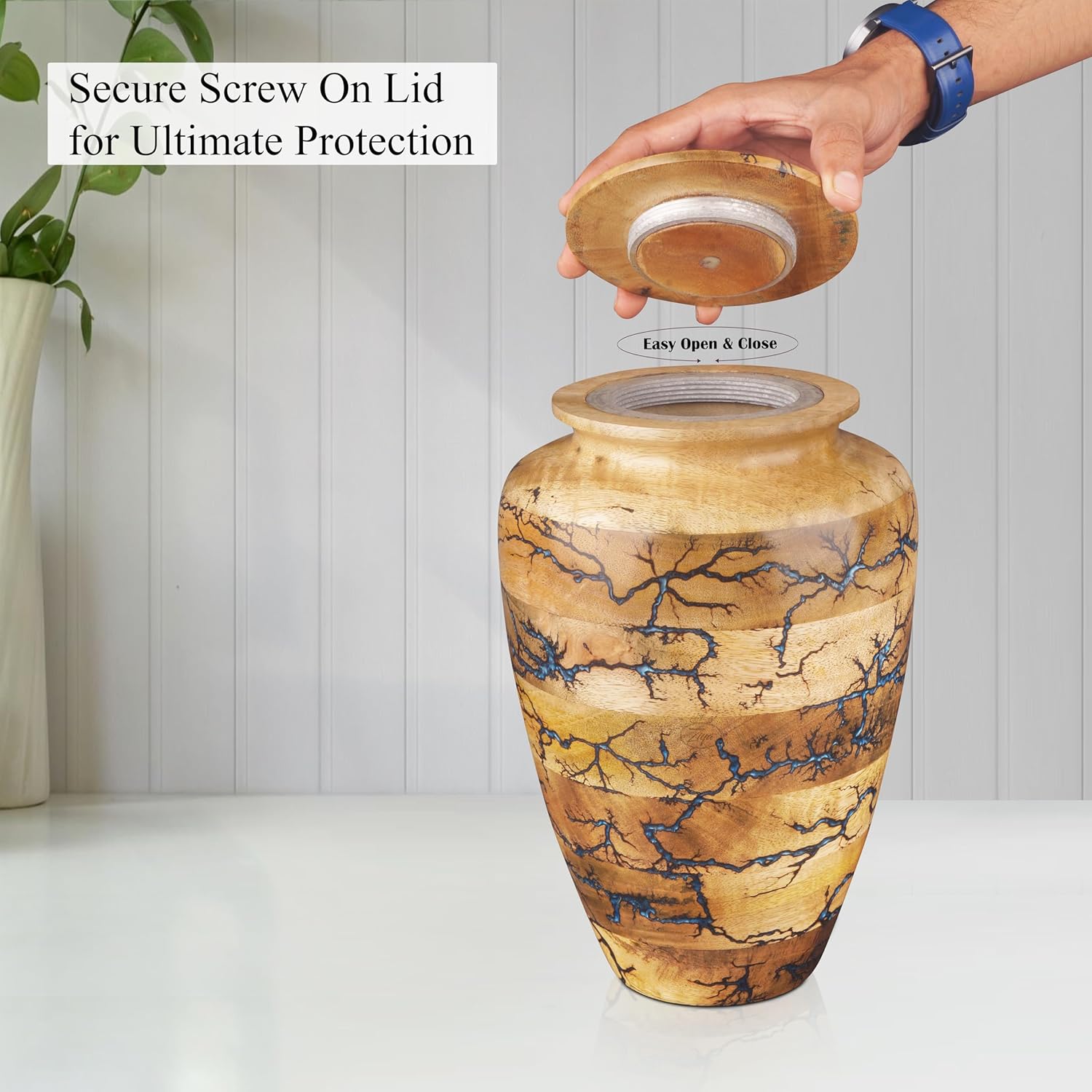 ZIYA Large Wooden Cremation Urns for Human Ashes Adult Male Female – Resin Inlay Wood Burial Urn for Ashes for Women Men Decorative Memorial Funeral Urns for Ashes with Velvet Bag up to 200 lbs
