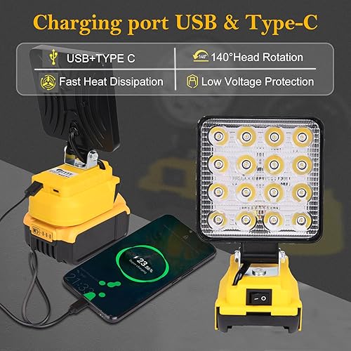 Miniatura 3 de Luz de trabajo LED inalámbrica para batería Dewalt de 20 V, linterna de 20 V para luz Dewalt, luz de inundación recargable portátil de 48 W 4800 LM