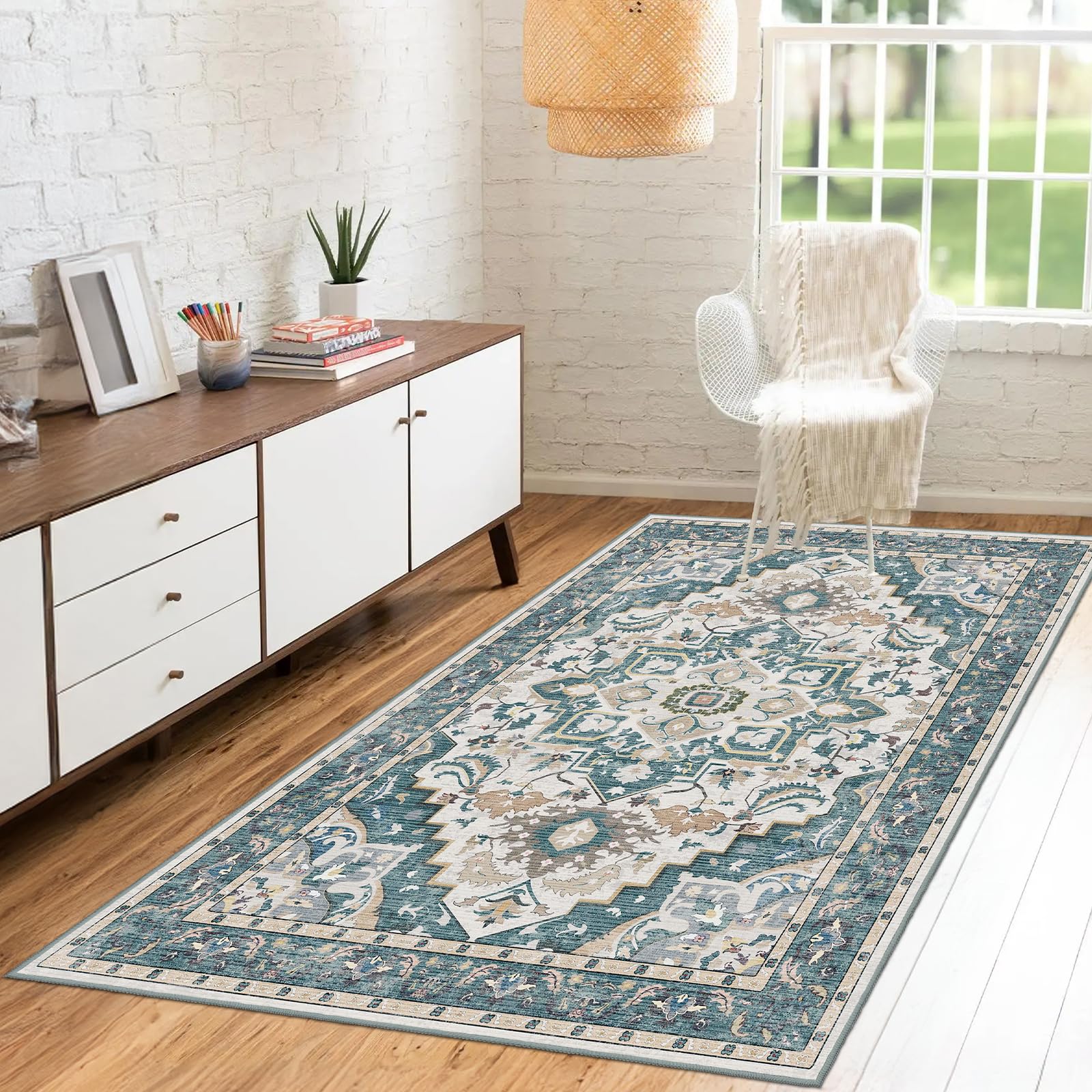 HOMFINE Classic Area Rug for Living Room - Vintage Floral Print Rug Doorway Entryway Runner Rug Non Shedding for Traditional Carpet with Anti-slip PVC Backing, Green 80X150CM