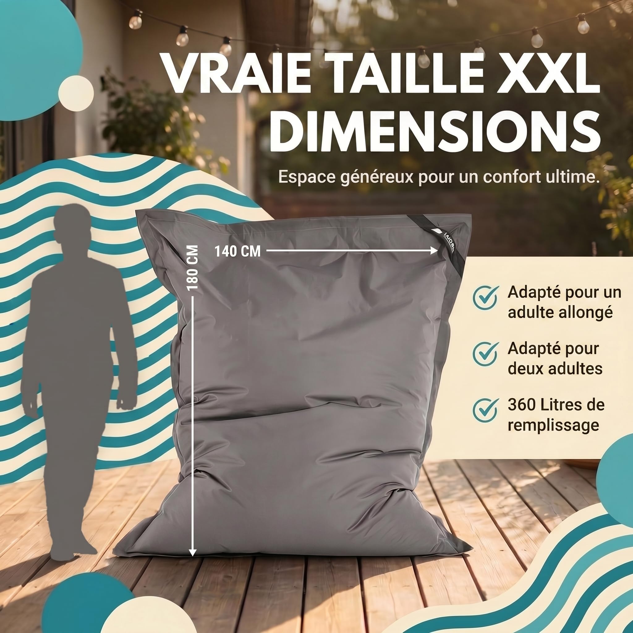 LAZY BAG® Pouf Géant XXL 180x140 cm - Bean Bag Extérieur (Nylon, Gris) | Nylon imperméable, double couture, housse lavable - intérieur & extérieur, salon, balcon, jardin