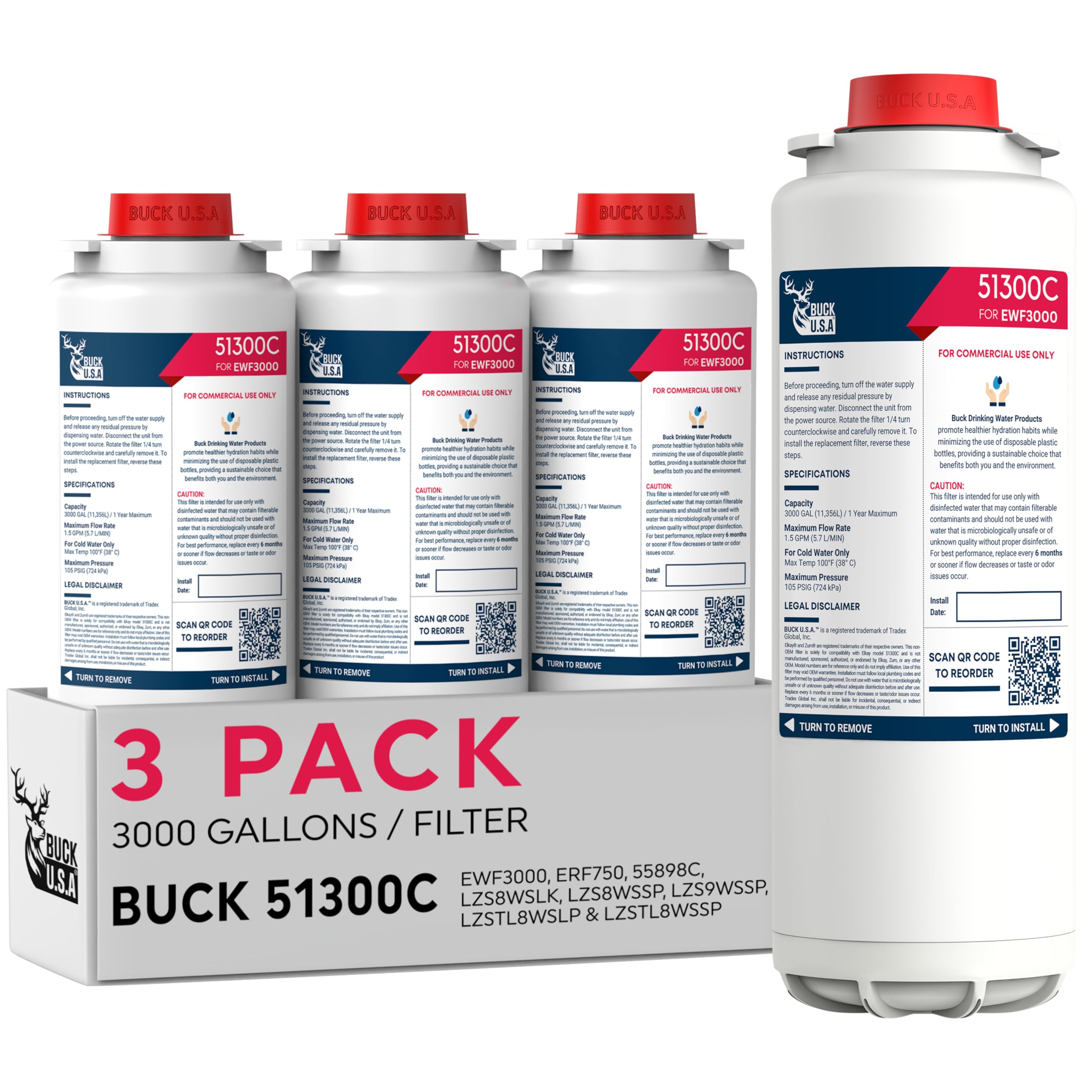 3 Pack Buck 51300C Replacement Filter for EWF3000 Compatible with Elkay ezH2O Bottle Filling Stations 3000 Gallons 12