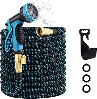 Expandable Garden Hose, Water Hose 100ft with 10 Function Nozzle, Flexible Hose with 3/4" Solid Brass Fittings, Extra Strength Fabric, Easy Storage Kink Free, Black & Blue
