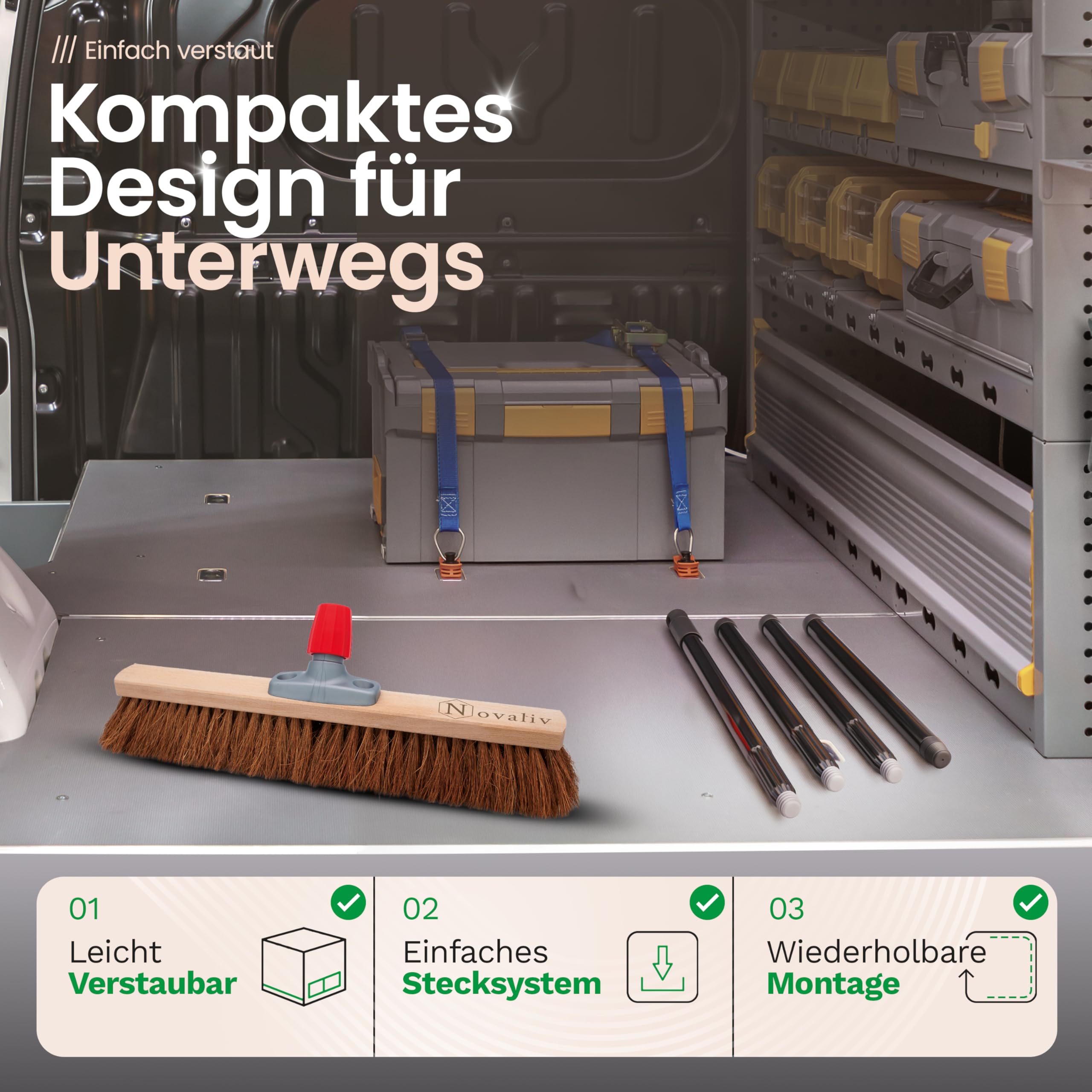 Novaliv Kokosbesen 50 cm mit Stiel Kokosborsten Besen Naturborsten mit stiel Ideal als Werkstattbesen Hallenbesen Industriebesen Hausbesen Kehrbesen Malerbesen Haarbesen Terassenbesen Besen weich