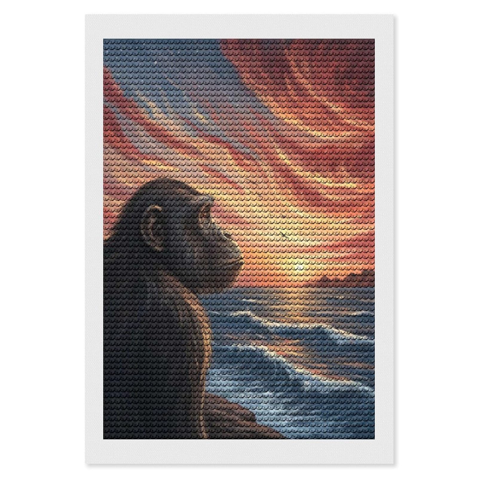 Junmoney Chimpanzee Gazing at Sunset Over Ocean Diamond Art Canvas 8"x12", for Adults, Pleasing Wall Art Project, Modern Decor, Gift Idea, Nice Detail and Sparkle