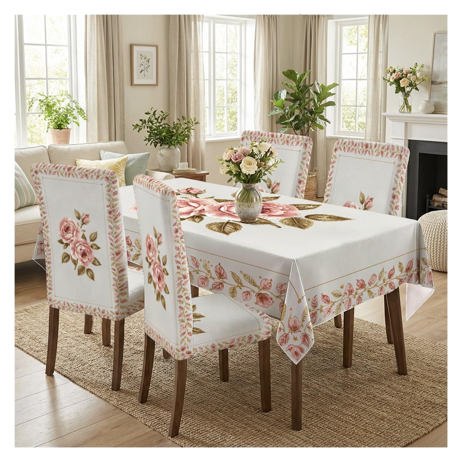 KXUAUV Stretch Dining Chair Slipcover & Tablecloth Set, Vintage Pink Rose Print, 5/7 Pack, For Bridal Tea Party Cottage Brunch Romantic Home Decor Party Decor(5pcs Set: Tablecloth+Chair Covers)