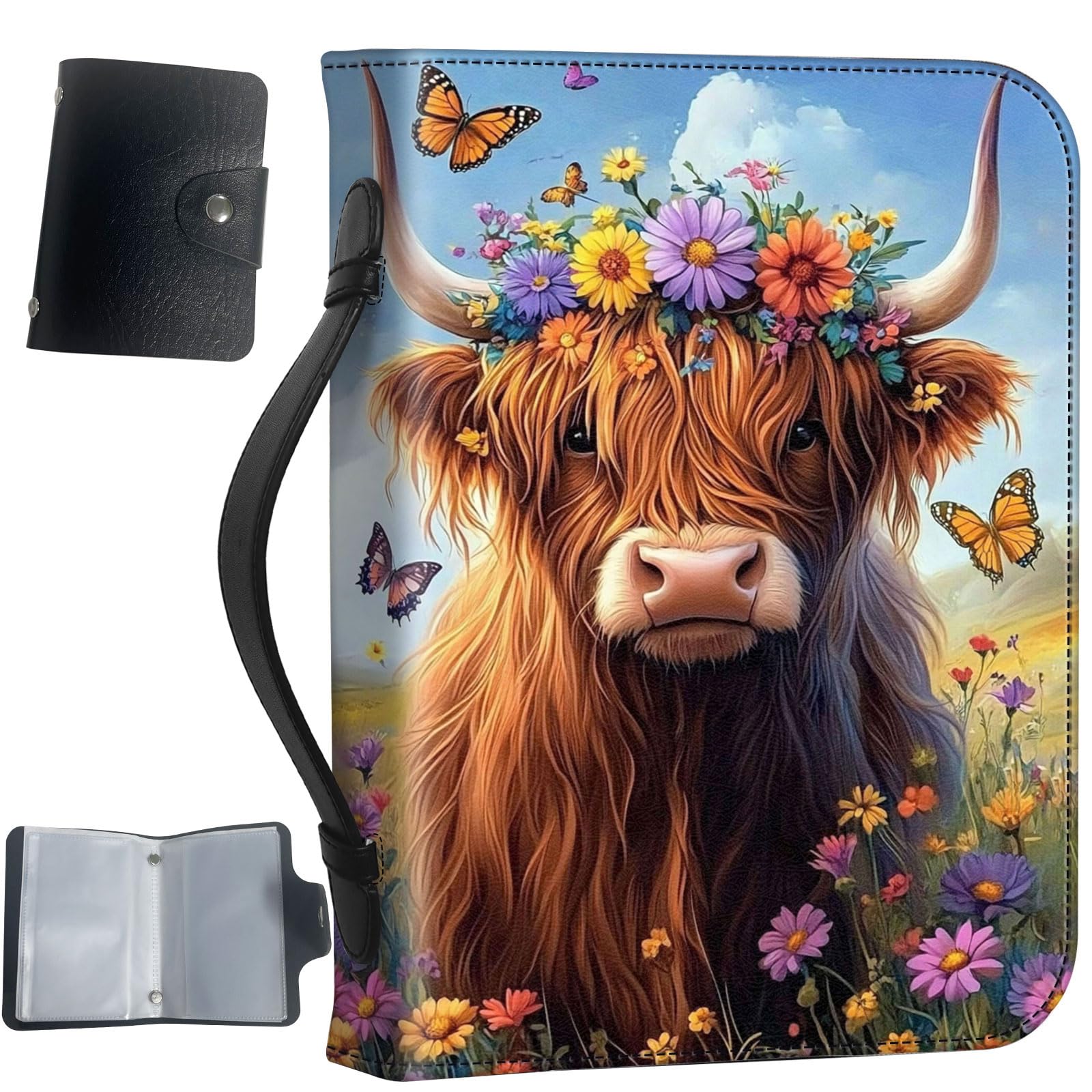 PU Leather Bible Cover with Handle & Pockets, Large Capacity Bible Case, Water-Resistant Scripture Organizer Bag with Bonus Card Holder, Christian Gift for Women & Men, Cute Highland Cow